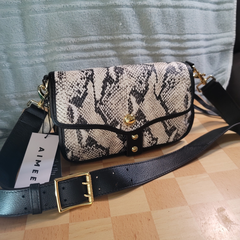 Aimee Kestenberg Black & Cream Snake-Print Crossbody Bag with Gold Hardware